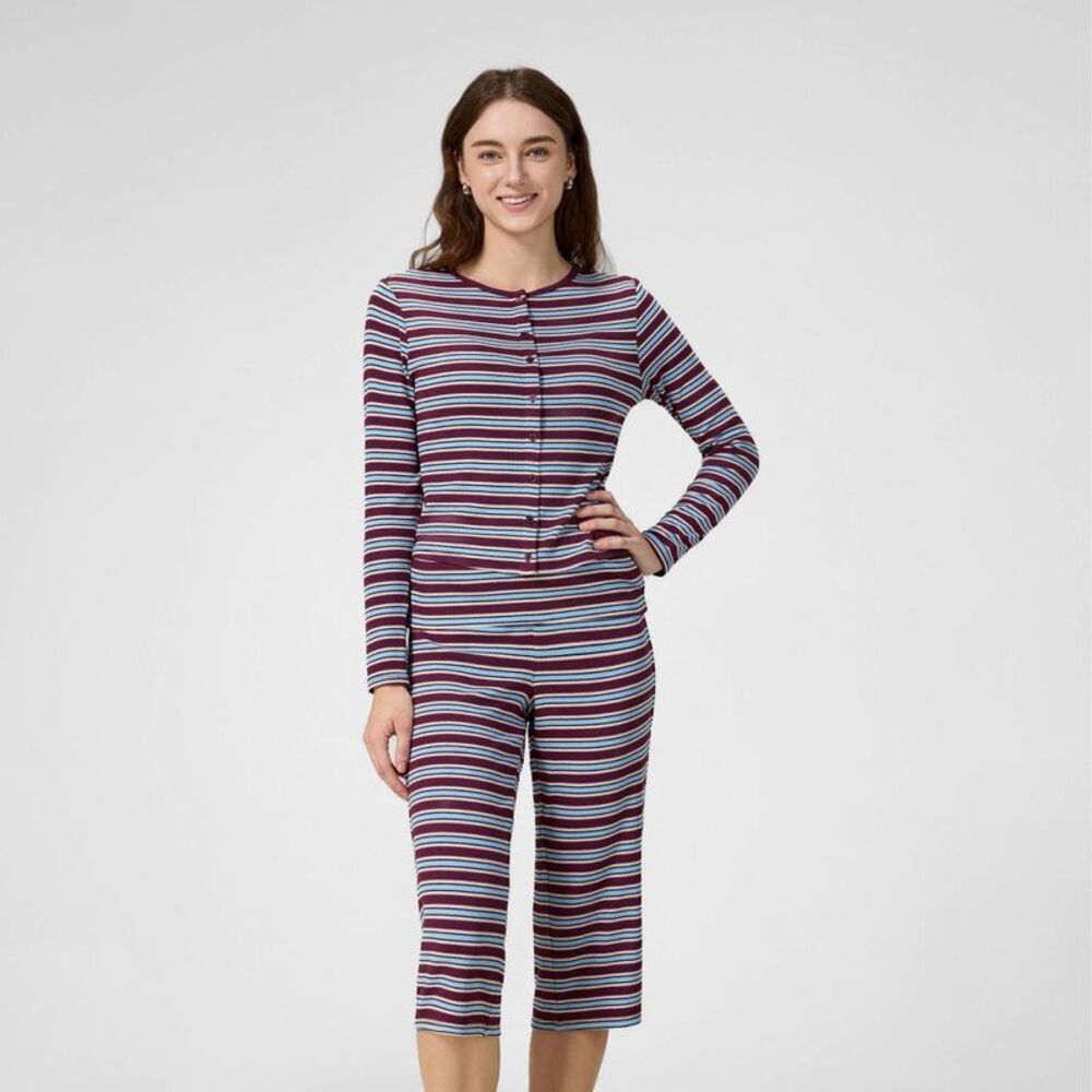 Women's Button-Front Ribbed Top - A New Day Burgundy Striped S